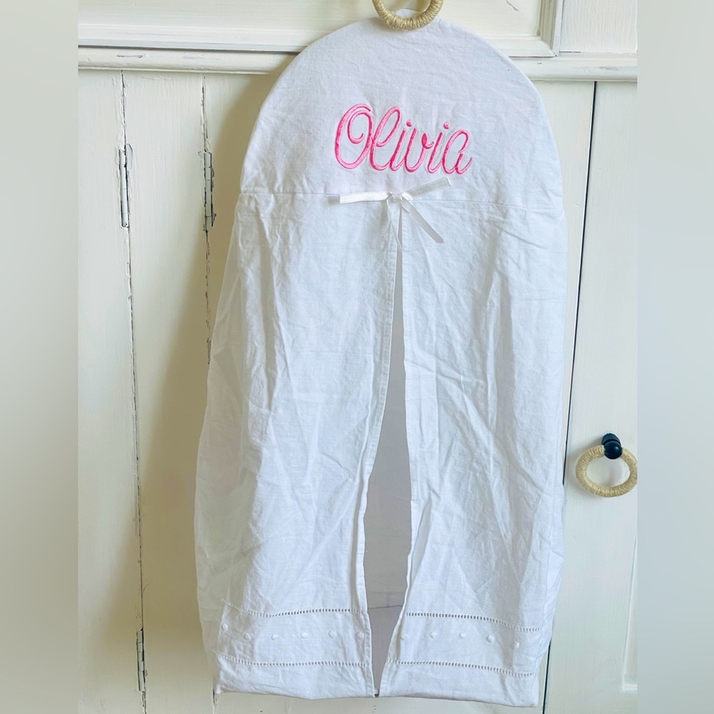 Nursery Decor, White Hanging Cotton Diaper Holder “Olivia” With Pink Lettering